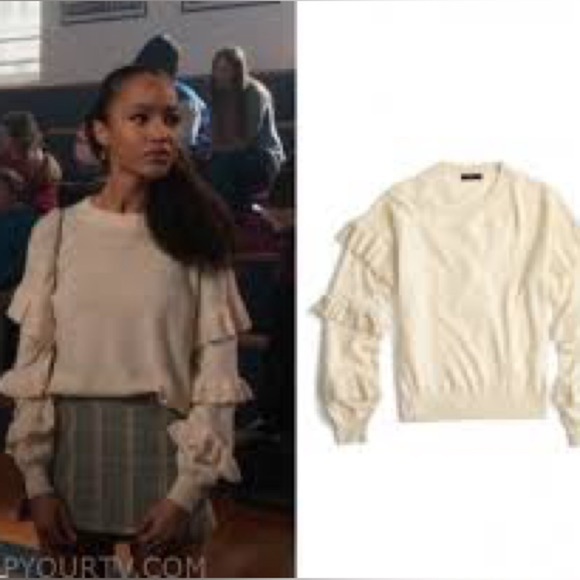 J. Crew cream ruffle sleeve sweater wool crewneck ruffle sweater As Seen On - Picture 1 of 6